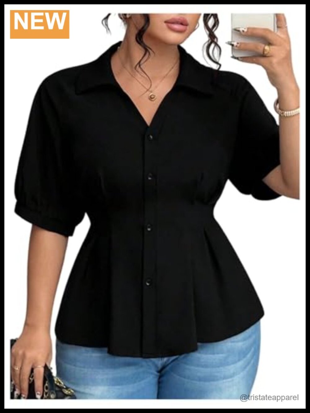 Plus Size Peplum Blouse Button Down Puff Sleeve Work Top